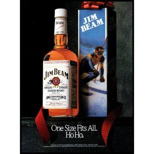 1987 Jim Beam Kentucky Bourbon Vintage Print Ad Christmas Gift Box Skier Skiing